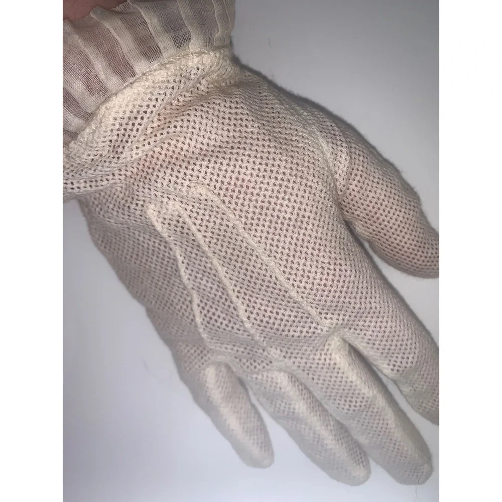 Vintage 1950s Ivory Mesh Crochet Gloves Sheer Ruffle Cuffs Tea Party Church